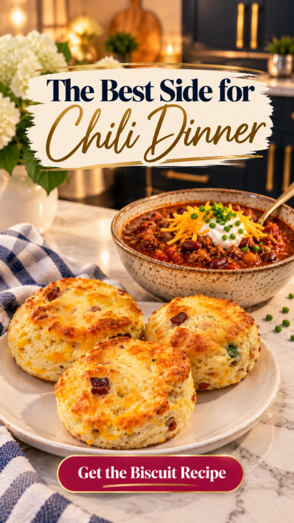 : Three golden cheddar biscuits flecked with bacon and jalapeño on a white plate beside a speckled bowl of beef and bean chili topped with shredded cheddar, sour cream, and chives, on a marble counter with a blue plaid towel, white hydrangeas, and navy cabinets with gold hardware.