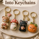 Four mini polymer clay keychains — a bear holding a heart, a smiling mushroom, a black cat holding a mug, and a pumpkin — each on a gold keyring, styled on a ceramic dish with a coffee cup charm and star charm.