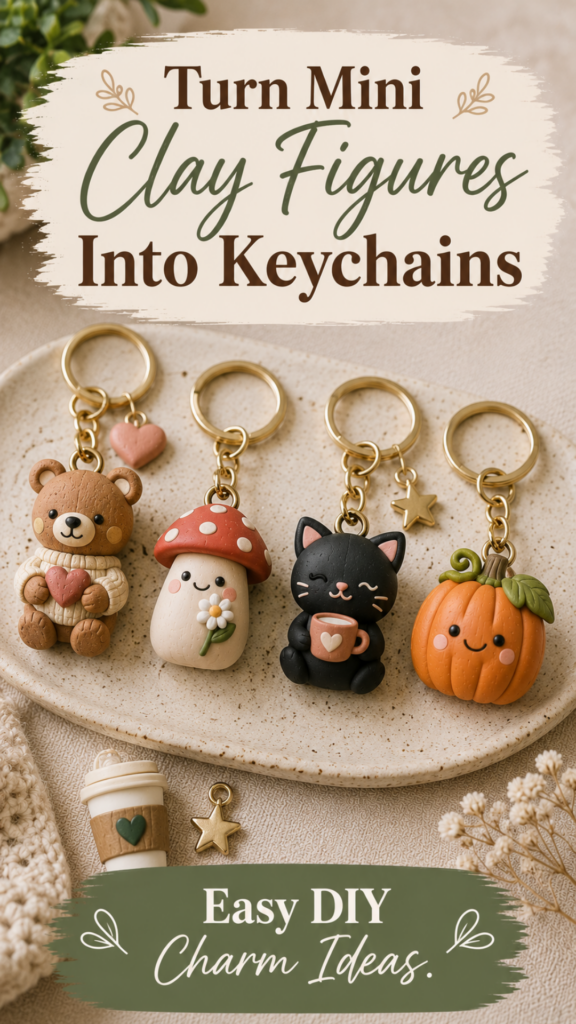 Four mini polymer clay keychains — a bear holding a heart, a smiling mushroom, a black cat holding a mug, and a pumpkin — each on a gold keyring, styled on a ceramic dish with a coffee cup charm and star charm.