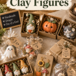 Packaged mini clay figures styled for a craft market — a gnome, pumpkin, and sleeping cat in kraft boxes, a ghost and mushroom charms in cellophane bags with gift tags, a trio of gnomes in a box, dangle earrings on a kraft card, and a wrapped gift box labeled "Small Creations Big Dreams."