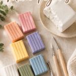 Overhead flat lay of pastel polymer clay bars in pink, orange, yellow, purple, blue, green, white, and brown, next to a block of white air dry clay and two sculpting tools on a linen surface.