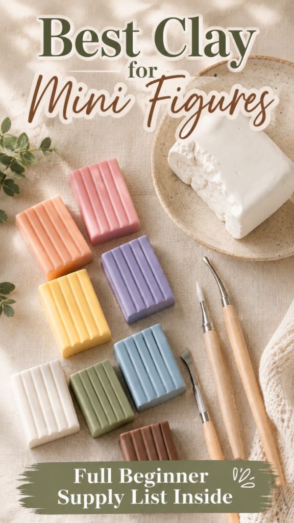 Overhead flat lay of pastel polymer clay bars in pink, orange, yellow, purple, blue, green, white, and brown, next to a block of white air dry clay and two sculpting tools on a linen surface.