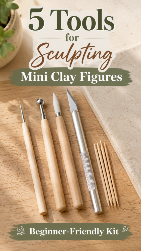Five mini clay sculpting tools laid out on a wood surface — a needle tool, a ball-tip stylus, a craft knife, and a small bundle of toothpicks, next to a ceramic tile. Board: your main clay/craft board