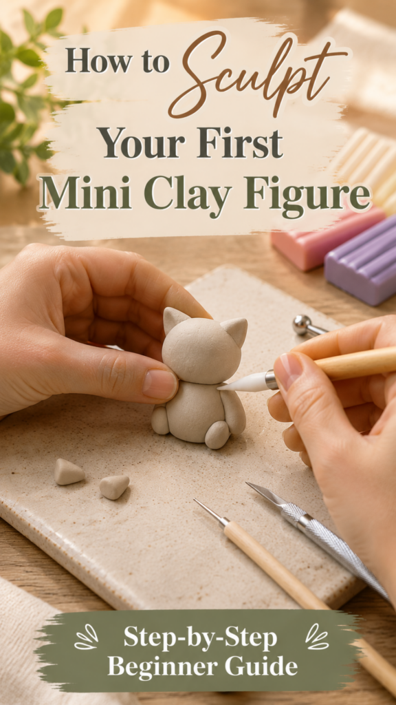 Close-up of hands shaping a small gray clay cat figure on a ceramic tile, using a ball-tip sculpting tool, with pastel polymer clay bars and additional tools nearby. Board: your main clay/craft board