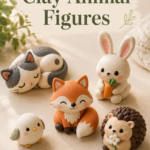 Five mini clay animal figures on a neutral surface — a curled sleeping cat, a sitting fox holding its tail, a bunny holding a carrot, a hedgehog holding a daisy, and a small bird. Board: Cozy Fall Home Decor & Autumn Inspiration