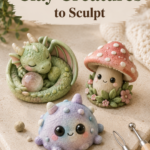 Three whimsical mini clay creatures on a ceramic tile — a green dragon curled around a gem, a mushroom creature with a smiling face and flowers, and a pastel purple and blue blob monster with big eyes, styled with sculpting tools.