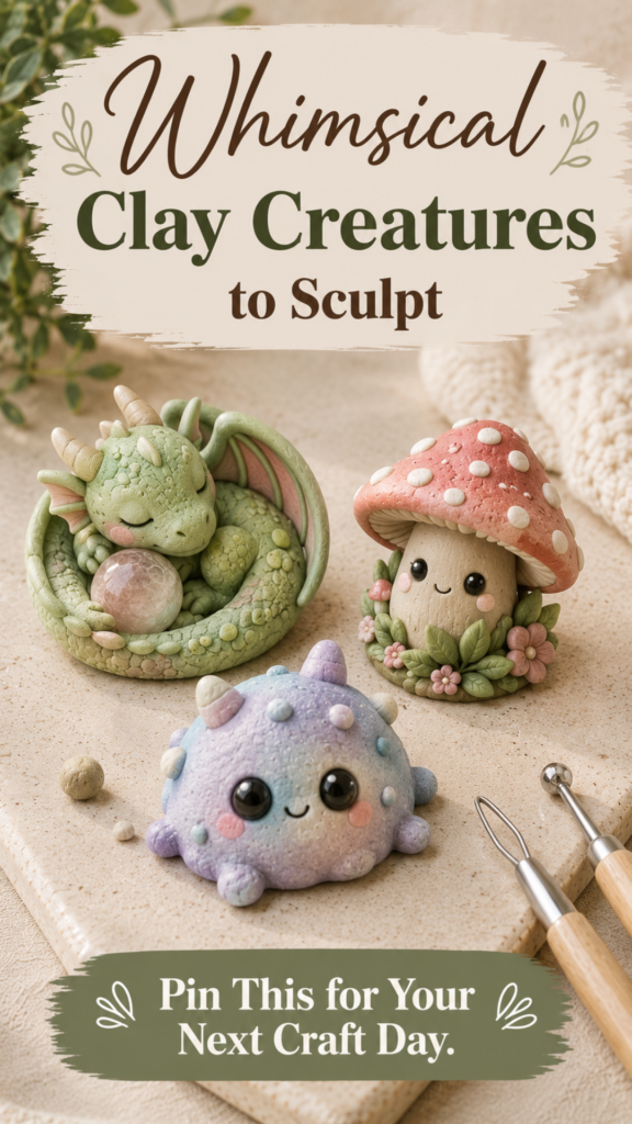 Three whimsical mini clay creatures on a ceramic tile — a green dragon curled around a gem, a mushroom creature with a smiling face and flowers, and a pastel purple and blue blob monster with big eyes, styled with sculpting tools.