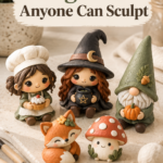 Five chibi-style mini clay figures on a neutral surface — a girl holding a cupcake, a witch holding a cauldron, a gnome holding a pumpkin, a sitting fox, and a smiling mushroom character.
