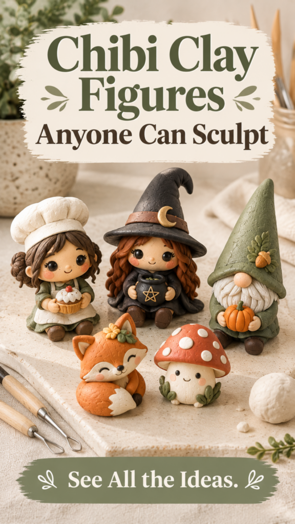 Five chibi-style mini clay figures on a neutral surface — a girl holding a cupcake, a witch holding a cauldron, a gnome holding a pumpkin, a sitting fox, and a smiling mushroom character.