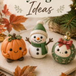 Three mini clay figures on a ceramic tile styled with fall leaves and greenery — a smiling pumpkin, a snowman in a green hat and scarf, and a green Christmas ornament figure with a red bow.