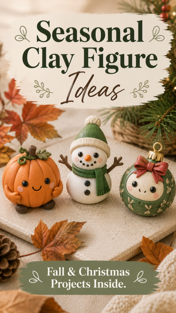 Three mini clay figures on a ceramic tile styled with fall leaves and greenery — a smiling pumpkin, a snowman in a green hat and scarf, and a green Christmas ornament figure with a red bow.