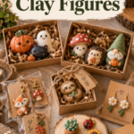 Handmade mini clay figures styled for sale — a pumpkin, ghost, and black cat in one box, a mushroom, hedgehog, and gnome in another, a sloth in a kraft box, fox and mushroom charms in bags, daisy earrings on a card, and a wood slice with a succulent, ladybug, turtle, and sunflower figure.