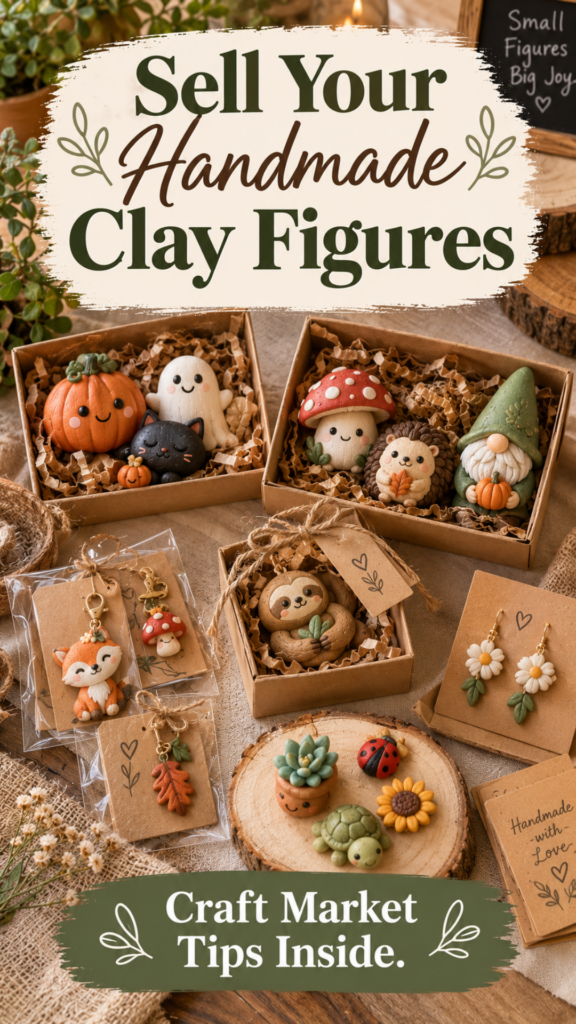Handmade mini clay figures styled for sale — a pumpkin, ghost, and black cat in one box, a mushroom, hedgehog, and gnome in another, a sloth in a kraft box, fox and mushroom charms in bags, daisy earrings on a card, and a wood slice with a succulent, ladybug, turtle, and sunflower figure.