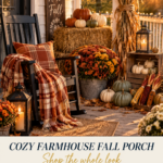 Cozy farmhouse fall front porch at golden hour with a black wooden rocking chair draped in a rust and cream plaid throw, stacked hay bales topped with copper and cream pumpkins, rust and gold mums spilling forward, cornstalk bundle tied to a porch column with jute rope, stacked weathered wooden crates holding mini white pumpkins and a glowing Edison lantern, sage green pumpkin cluster, and warm white string lights woven through the porch railing.