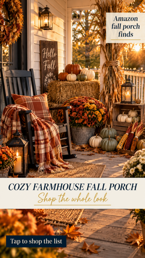 Cozy farmhouse fall front porch at golden hour with a black wooden rocking chair draped in a rust and cream plaid throw, stacked hay bales topped with copper and cream pumpkins, rust and gold mums spilling forward, cornstalk bundle tied to a porch column with jute rope, stacked weathered wooden crates holding mini white pumpkins and a glowing Edison lantern, sage green pumpkin cluster, and warm white string lights woven through the porch railing.