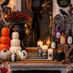 Fall front door with matte black door, oversized natural grapevine wreath wrapped in burnt orange velvet ribbon tied in a cascading bow with dried wheat and eucalyptus tucked throughout, dried floral swag mounted above the doorframe with wheat, hydrangea, and eucalyptus, layered natural coir jute and black striped doormats, tall matte black classical urn overflowing with dried pampas grass and golden wheat stalks beside the door, warm golden hour light.