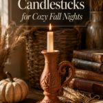 A rustic warm-brown terracotta taper candlestick with an ornate curved handle and floral engraved detail sits on a weathered oak side table with a lit cream ivory taper candle, styled with a bundle of dried wheat stalks, a small cream heirloom pumpkin, sprigs of pampas grass, and a woven natural basket blurred in the background, all bathed in warm golden autumn afternoon light for a cozy fall vignette.