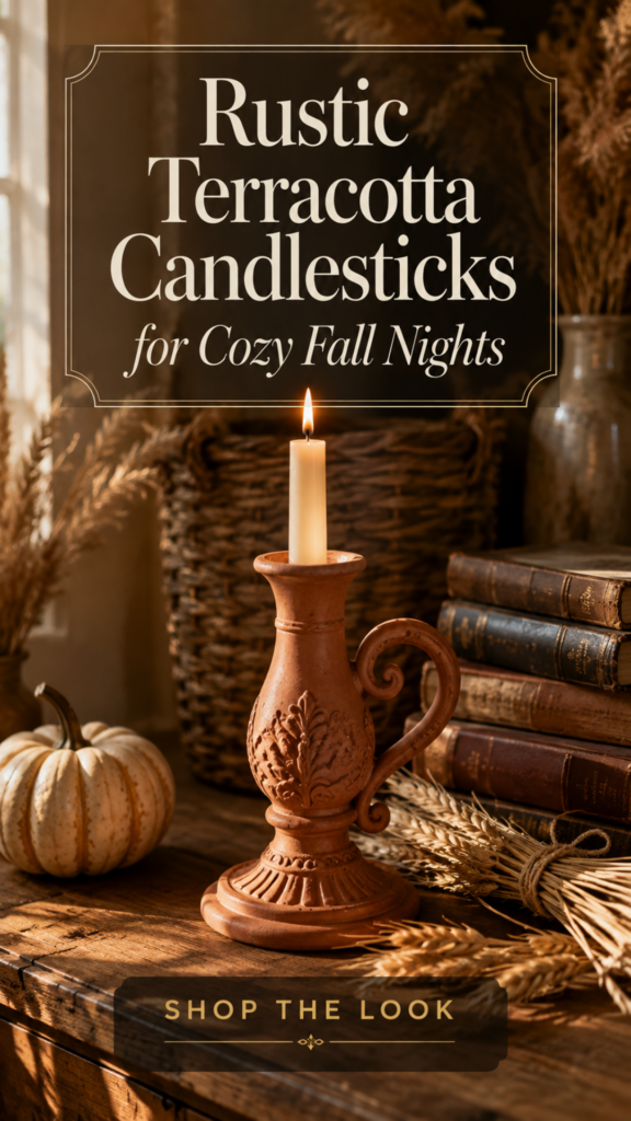 A rustic warm-brown terracotta taper candlestick with an ornate curved handle and floral engraved detail sits on a weathered oak side table with a lit cream ivory taper candle, styled with a bundle of dried wheat stalks, a small cream heirloom pumpkin, sprigs of pampas grass, and a woven natural basket blurred in the background, all bathed in warm golden autumn afternoon light for a cozy fall vignette.