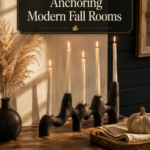 A single bold matte black chunky organic sculptural clay candle holder with a wavy freeform silhouette holds five slim ivory tapered candles softly lit on a warm oak console table against a soft cream plaster wall, styled with a small matte black bud vase of dried pampas grass, a woven rattan tray, an oatmeal linen napkin, and a muted stone gray heirloom pumpkin for a modern-cozy fall vignette.