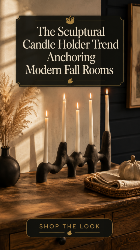 A single bold matte black chunky organic sculptural clay candle holder with a wavy freeform silhouette holds five slim ivory tapered candles softly lit on a warm oak console table against a soft cream plaster wall, styled with a small matte black bud vase of dried pampas grass, a woven rattan tray, an oatmeal linen napkin, and a muted stone gray heirloom pumpkin for a modern-cozy fall vignette.