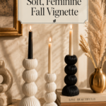 Three fluted and scalloped pillar candle holders with vertical ribbed detailing and stacked sphere silhouettes in graduating heights — two in warm cream ceramic and one taller in matte black — hold lit tapered candles on a travertine stone surface, styled with vintage hardcover books, a brushed brass bud vase with dried pampas grass and wheat for an elegant feminine fall vignette.