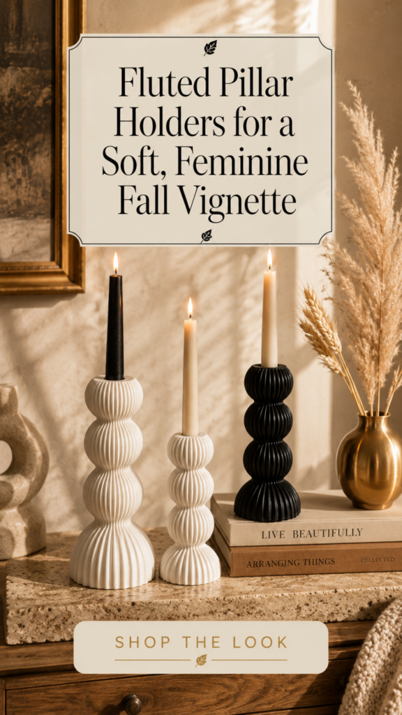 Three fluted and scalloped pillar candle holders with vertical ribbed detailing and stacked sphere silhouettes in graduating heights — two in warm cream ceramic and one taller in matte black — hold lit tapered candles on a travertine stone surface, styled with vintage hardcover books, a brushed brass bud vase with dried pampas grass and wheat for an elegant feminine fall vignette.