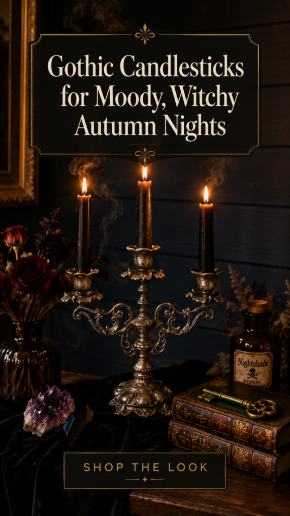 An ornate antique-silver three-arm candelabra with intricate baroque scrollwork holds three tall black tapered candles softly lit on a weathered dark wood side table draped with black velvet, styled with dried black roses and burgundy ranunculus in a smoky glass vase, a raw amethyst crystal cluster, polished obsidian, an antique brass skeleton key, worn leather spellbooks, and a dark amber apothecary bottle for a moody witchy fall vignette.