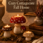 A cluster of three ceramic toadstool mushroom tealight holders in graduating sizes including a classic red-cap fly agaric with cream polka dots holding a lit cream tealight and two smaller warm brown and cream nature-inspired mushrooms arranged on a weathered oak nightstand, styled with dried moss, real acorns, dried burgundy heather in a bud vase, vintage hardcover books, and a chunky cream knit throw for a cozy cottagecore fall vignette.