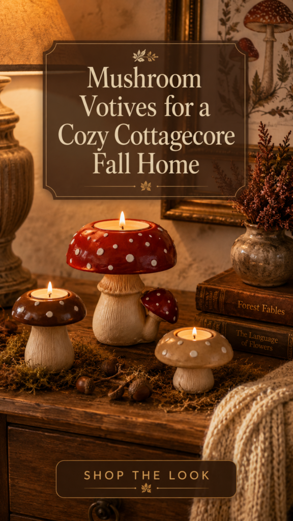 A cluster of three ceramic toadstool mushroom tealight holders in graduating sizes including a classic red-cap fly agaric with cream polka dots holding a lit cream tealight and two smaller warm brown and cream nature-inspired mushrooms arranged on a weathered oak nightstand, styled with dried moss, real acorns, dried burgundy heather in a bud vase, vintage hardcover books, and a chunky cream knit throw for a cozy cottagecore fall vignette.