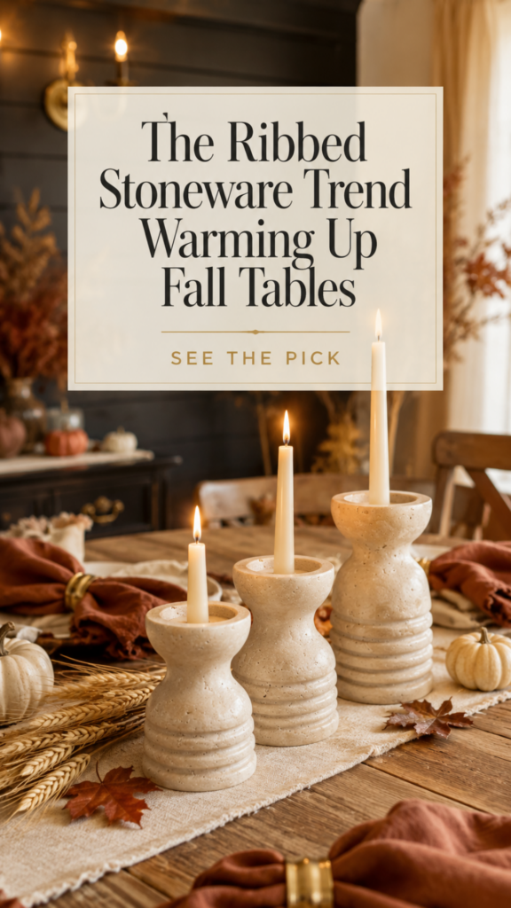 Three ribbed cream stoneware pillar candle holders in graduating heights clustered down the center of a rustic oak dining table with an oatmeal linen runner, rust-colored napkins, brushed gold napkin rings, dried wheat, small pumpkins, and lit tapered candles casting warm candlelight for a cozy autumn tablescape.