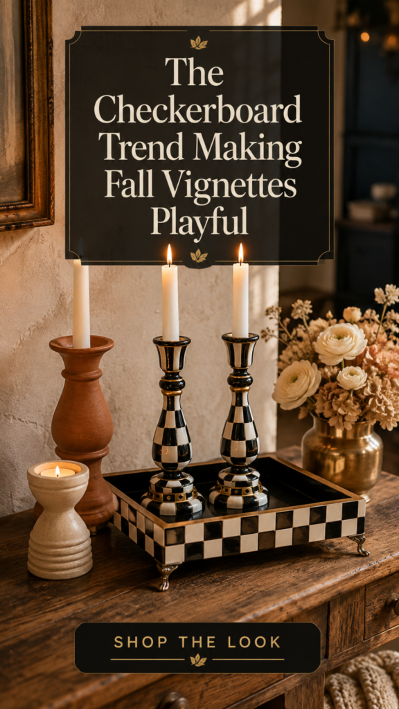 Two black-and-cream checkerboard patterned pillar candlestick holders with brushed gold accent bands sit on a matching checkered tray holding lit cream tapered candles, styled beside a plain unglazed terracotta pillar holder and a ribbed cream stoneware votive on a weathered oak console table with ivory ranunculus and dried cream hydrangea for a playful yet elevated fall vignette