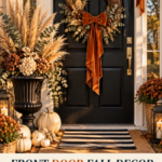 Fall front door with matte black door, oversized natural grapevine wreath wrapped in burnt orange velvet ribbon tied in a cascading bow with dried wheat and eucalyptus tucked throughout, dried floral swag mounted above the doorframe with wheat, hydrangea, and eucalyptus, layered natural coir jute and black striped doormats, tall matte black classical urn overflowing with dried pampas grass and golden wheat stalks beside the door, warm golden hour light.