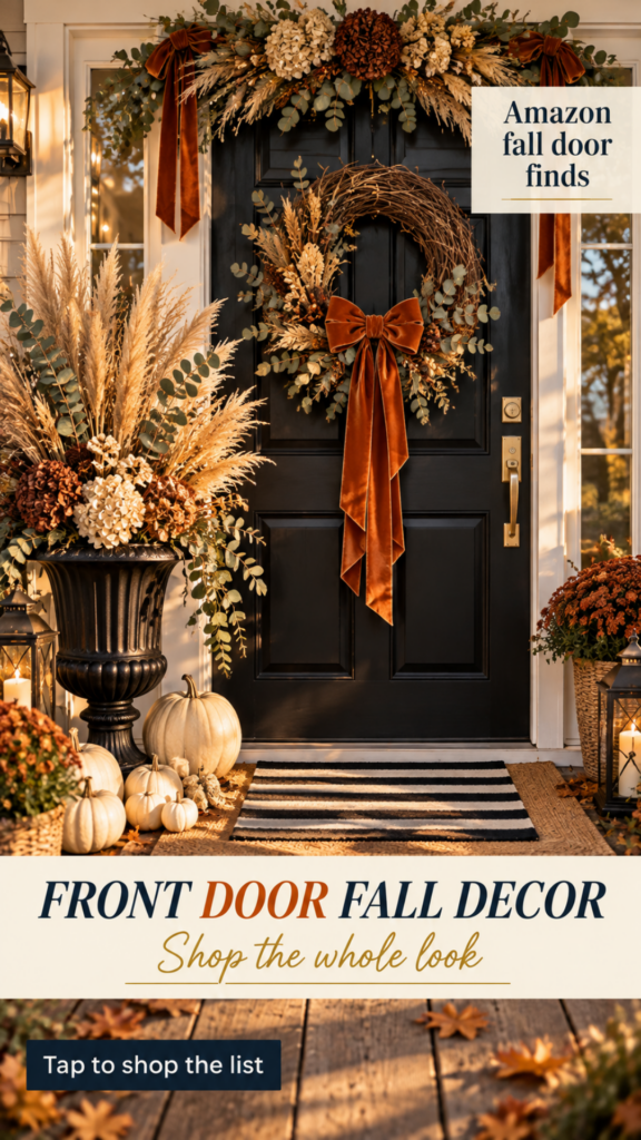 Fall front door with matte black door, oversized natural grapevine wreath wrapped in burnt orange velvet ribbon tied in a cascading bow with dried wheat and eucalyptus tucked throughout, dried floral swag mounted above the doorframe with wheat, hydrangea, and eucalyptus, layered natural coir jute and black striped doormats, tall matte black classical urn overflowing with dried pampas grass and golden wheat stalks beside the door, warm golden hour light.