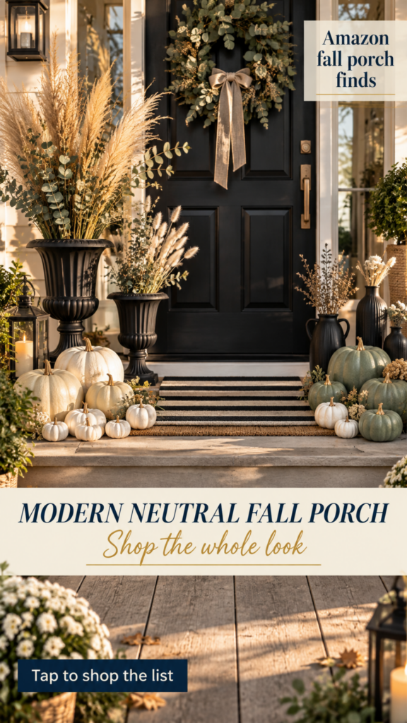 Modern neutral fall front porch with matte black door, eucalyptus wreath tied with a cream velvet bow, tall matte black classical fluted urns overflowing with dried pampas grass and eucalyptus, cream heirloom pumpkins and white mini pumpkins clustered on the steps, sage green pumpkins with matte black ceramic vases on the right, layered natural coir and black striped doormats, white mums, warm golden hour light.