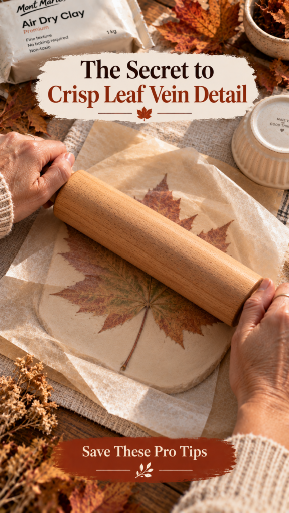 Hands pressing a wooden rolling pin firmly over parchment paper covering an air dry clay slab with a maple leaf pressed into it, showing the technique for getting crisp leaf vein detail in DIY clay leaf bowls.