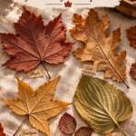 Overhead close-up of assorted autumn leaves arranged on cream linen showing the underside veins — a rust maple leaf, amber oak leaf, golden sweetgum leaf, green-gold hosta leaf, and small rose leaf cluster, chosen for making clay leaf bowls with real fall leaves.