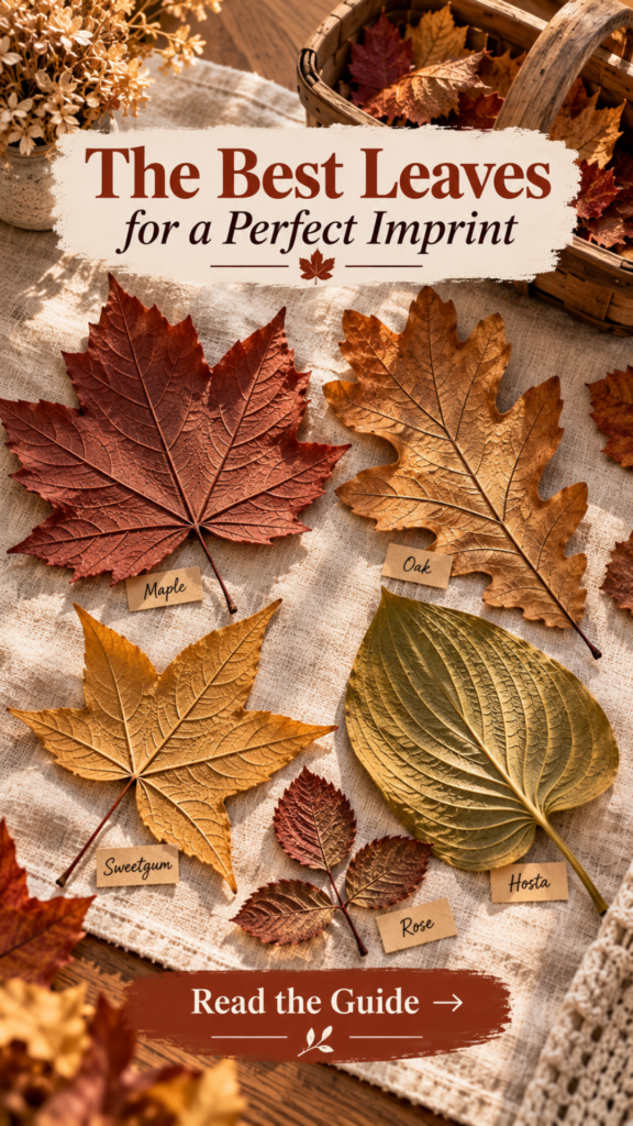 Overhead close-up of assorted autumn leaves arranged on cream linen showing the underside veins — a rust maple leaf, amber oak leaf, golden sweetgum leaf, green-gold hosta leaf, and small rose leaf cluster, chosen for making clay leaf bowls with real fall leaves.