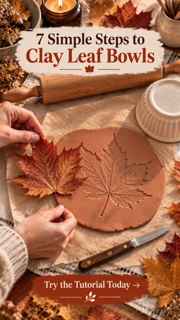 Overhead in-progress shot of a terracotta air dry clay slab with a maple leaf freshly peeled away, revealing a crisp leaf imprint. A wooden rolling pin, paring knife, and upside-down ceramic ramekin sit nearby on a cream linen surface for shaping the clay leaf bowl.