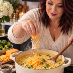 Woman in cream cable-knit sweater sprinkling freshly shredded sharp cheddar into a large cream Dutch oven of creamy broccoli cheddar soup on the stovetop, steam rising, dark navy cabinetry and lit candle softly blurred in the cozy farmhouse kitchen background.