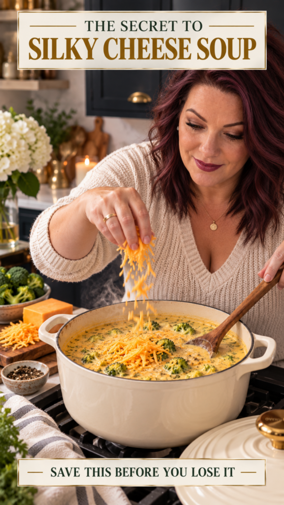 Woman in cream cable-knit sweater sprinkling freshly shredded sharp cheddar into a large cream Dutch oven of creamy broccoli cheddar soup on the stovetop, steam rising, dark navy cabinetry and lit candle softly blurred in the cozy farmhouse kitchen background.