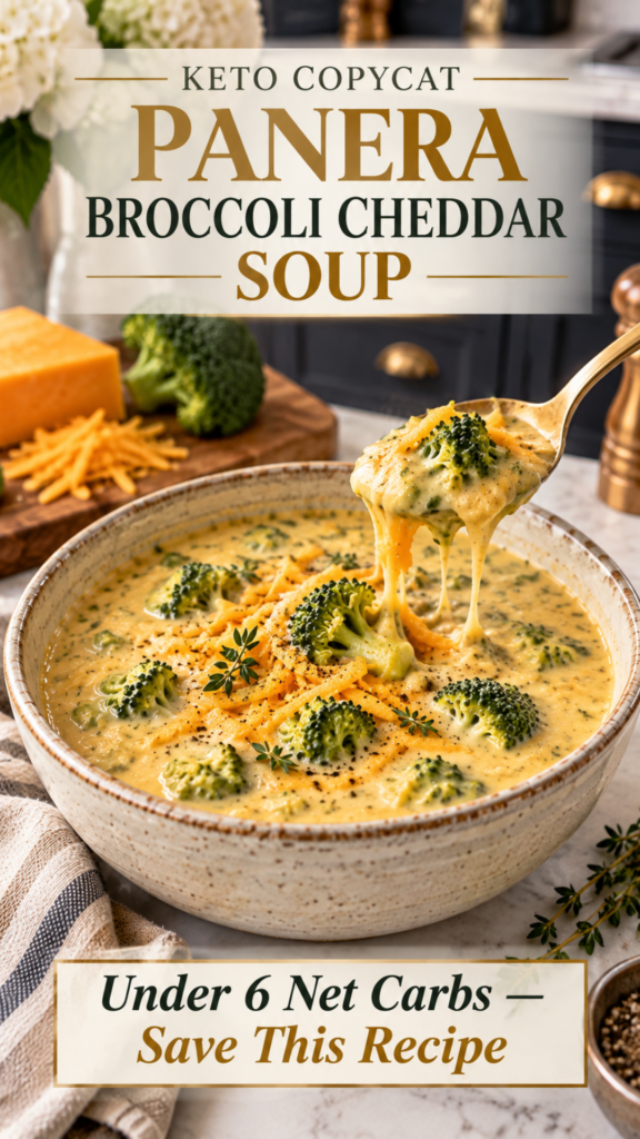 Brushed gold spoon lifting a bite of creamy keto copycat Panera broccoli cheddar soup with visible cheese pull and bright green broccoli from a rustic cream stoneware bowl, styled on white quartz counter with linen napkin, block of cheddar, and dark navy cabinetry in the background.