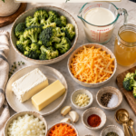 Overhead flat lay of keto broccoli cheddar soup ingredients on white quartz counter — fresh broccoli, shredded sharp cheddar, cream cheese, butter, heavy cream, chicken broth, diced onion, grated carrots, garlic, and small dishes of spices with brushed gold measuring spoons and white hydrangeas.