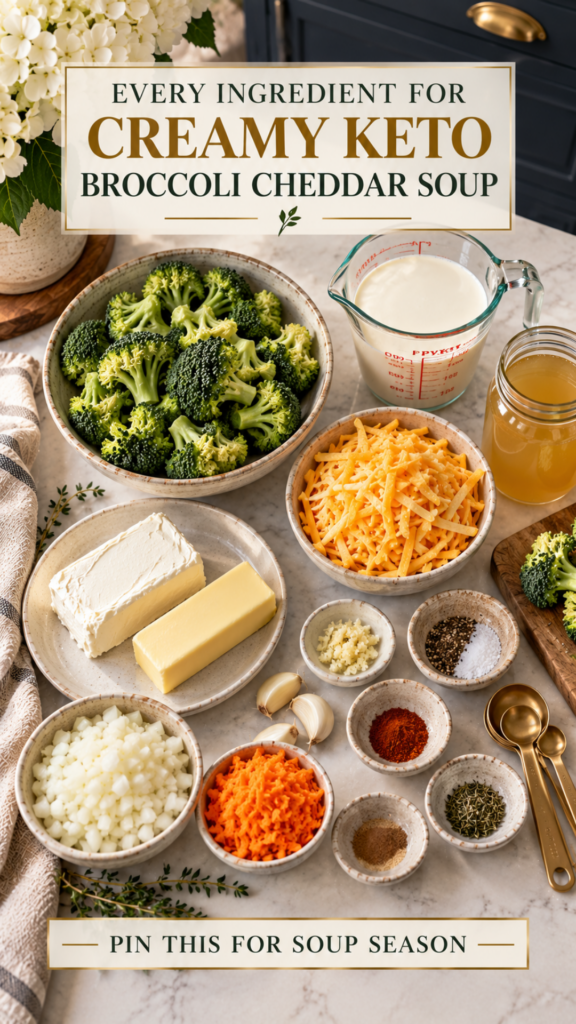 Overhead flat lay of keto broccoli cheddar soup ingredients on white quartz counter — fresh broccoli, shredded sharp cheddar, cream cheese, butter, heavy cream, chicken broth, diced onion, grated carrots, garlic, and small dishes of spices with brushed gold measuring spoons and white hydrangeas.