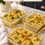 Three glass meal prep containers of creamy keto broccoli cheddar soup topped with shredded cheddar and fresh thyme, lined up on white quartz counter in a dark navy farmhouse kitchen with brushed gold hardware and white hydrangeas in the background.