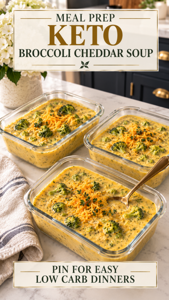 Three glass meal prep containers of creamy keto broccoli cheddar soup topped with shredded cheddar and fresh thyme, lined up on white quartz counter in a dark navy farmhouse kitchen with brushed gold hardware and white hydrangeas in the background.
