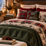 Cozy small Christmas bedroom with a dark wood bed against a dark navy accent wall. Layered Christmas bedding includes a plaid quilt folded across a rustic forest print duvet, deep green tree blanket at the foot on a cream boucle bench, red velvet pillows, and falalala embroidered pillowcases. Brass wall sconce, evergreen garland above the bed with warm white lights, cream vase of berry sprigs on the nightstand, framed art, and a snowy tree view outside the window. Text overlay reads "Your Small Bedroom, Cozy Christmas Retreat".
