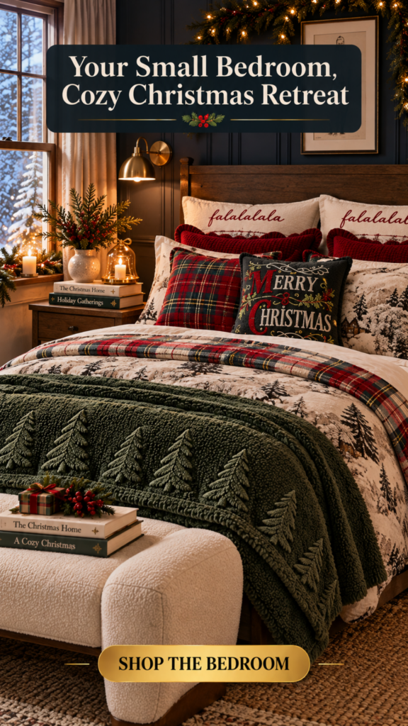 Cozy small Christmas bedroom with a dark wood bed against a dark navy accent wall. Layered Christmas bedding includes a plaid quilt folded across a rustic forest print duvet, deep green tree blanket at the foot on a cream boucle bench, red velvet pillows, and falalala embroidered pillowcases. Brass wall sconce, evergreen garland above the bed with warm white lights, cream vase of berry sprigs on the nightstand, framed art, and a snowy tree view outside the window. Text overlay reads "Your Small Bedroom, Cozy Christmas Retreat".