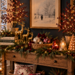 Cozy Christmas console styled as a small mantle against a dark navy accent wall. A rustic wood console table draped in fresh evergreen garland with warm white string lights woven through, styled with three brass sculpted reindeer, a stack of hardcover Christmas books, a woven basket of mercury glass ornaments with red velvet bows, a red cardinal candle, cut glass bell candle, and a lit ceramic gingerbread tree. Red berry lit branches flank the console, gold framed art above. Text overlay reads "Style a Small Christmas Mantle Anywhere".