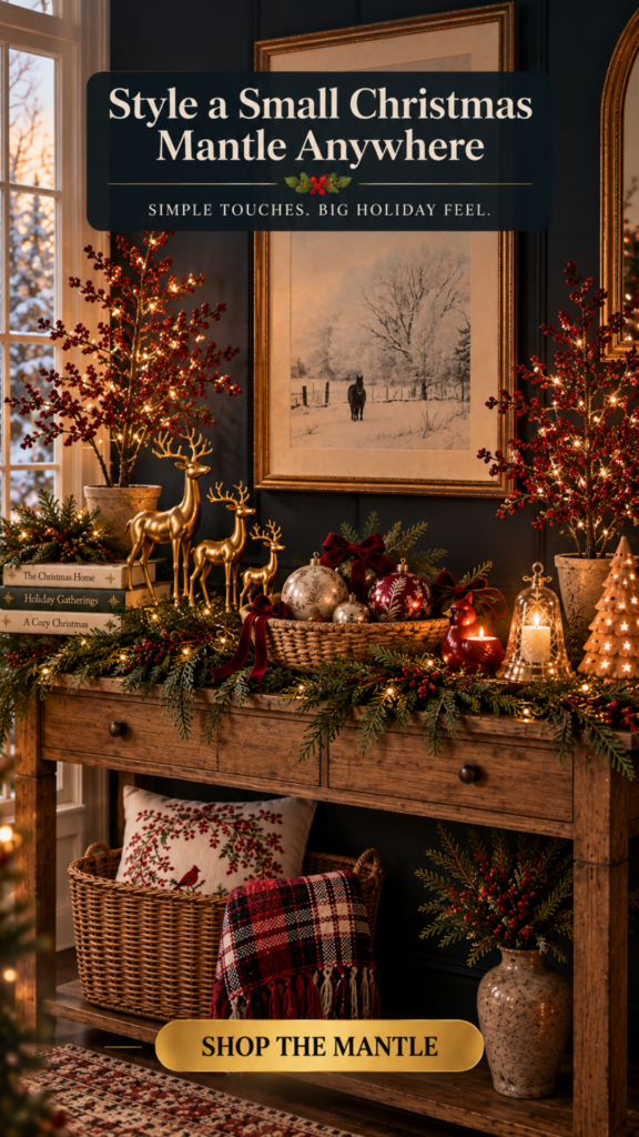 Cozy Christmas console styled as a small mantle against a dark navy accent wall. A rustic wood console table draped in fresh evergreen garland with warm white string lights woven through, styled with three brass sculpted reindeer, a stack of hardcover Christmas books, a woven basket of mercury glass ornaments with red velvet bows, a red cardinal candle, cut glass bell candle, and a lit ceramic gingerbread tree. Red berry lit branches flank the console, gold framed art above. Text overlay reads "Style a Small Christmas Mantle Anywhere".