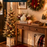 Cozy small apartment Christmas entryway with a slim pre-lit pine tree in a white lantern-style planter beside the front door. A lush lit evergreen wreath with a red velvet bow hangs on the wall above a rustic wood console styled with white hydrangeas and red berries in a cream planter, a warm candle, a woven basket of gingerbread cookies, and a small brass bell. A red "Merry Christmas" doormat lies on the floor, a woven basket of cream and plaid throws sits beneath the console. Text overlay reads "A Cozy Christmas Entryway for Small Spaces".